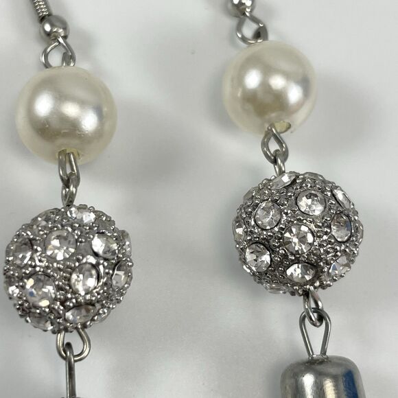 Silver Tone Faux Pearl Chain Tassel Dangle Earrings Fashion Boho Statement - Picture 5 of 7